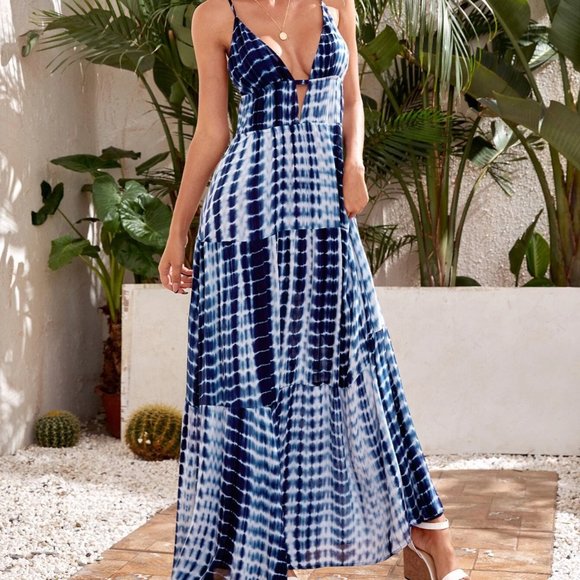 Blue Boho Womens Ruffle Hem Tie Dye Cami Dress - Picture 4 of 5